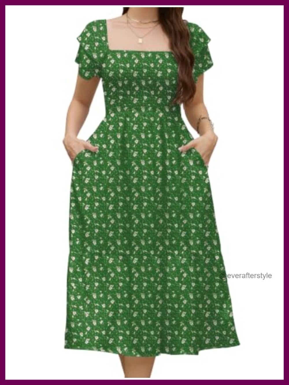 Womens Floral Midi Dress Puff Sleeve Square Neck Smocked Tiered Flowy Casual